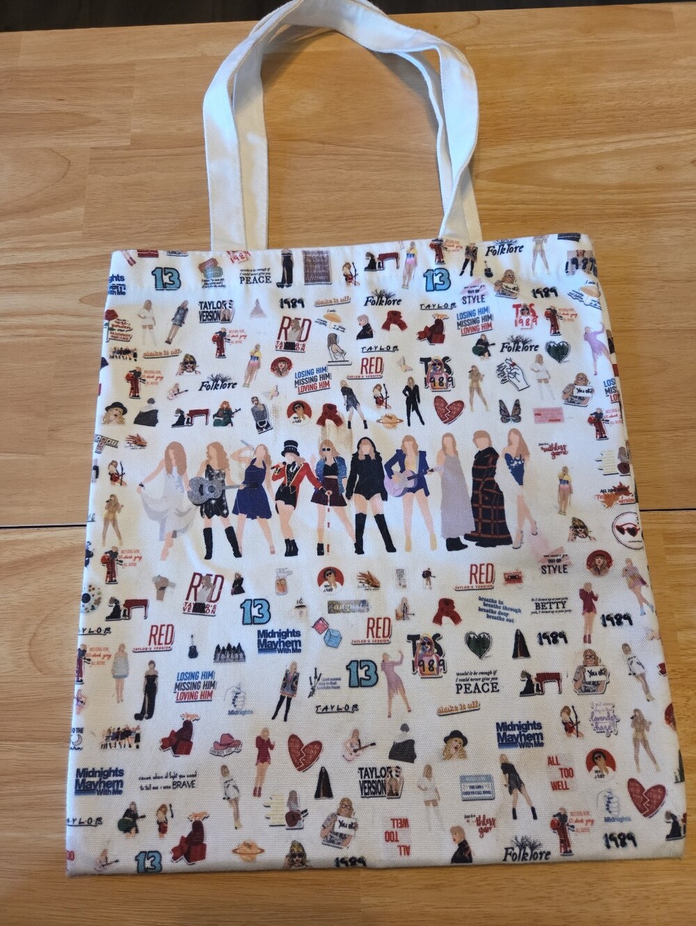 NWOT Taylor Swift Inspired Eras Tour White w/Multicolored Pics Canvas Tote Bag